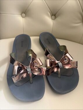 GUESS Tutu Rose Gold Bow Thong Flip Flops with Gray Footbed